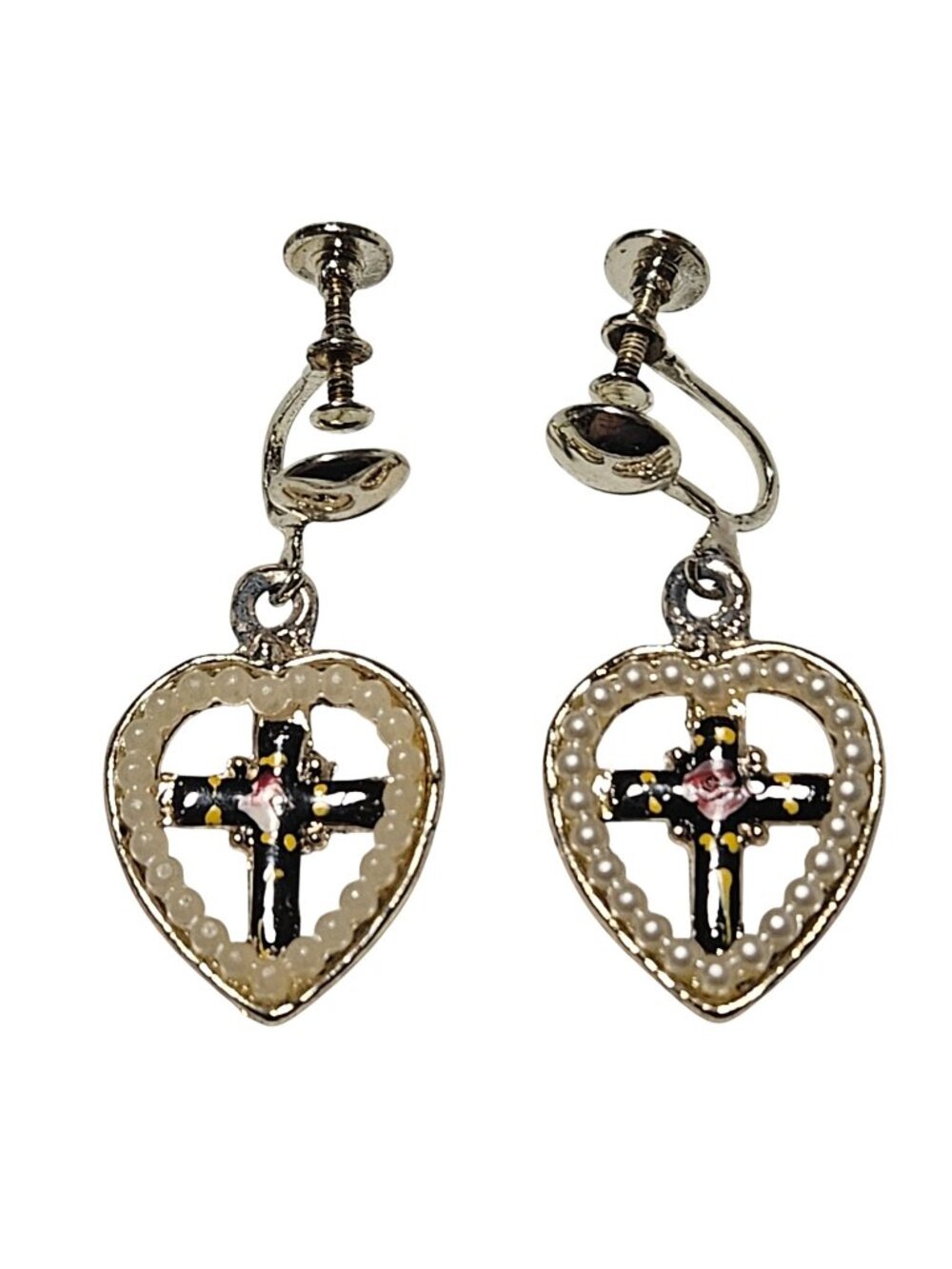 Vintage Heart Shaped Earrings Cross Faux Pearl Screw Back Religious Jewelry